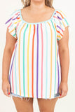 White Stripe Ruffled Sleeve Square Neck Plus Size Blouse