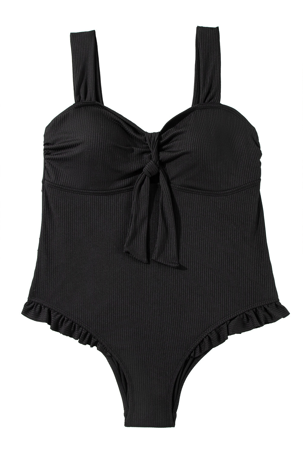 Black Plus Size Textured Knotted Ruffled Trim One Piece Swimwear