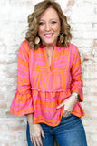 Vitality Orange Plus Size Geometric Embroidered Bell Sleeve Babydoll Blouse