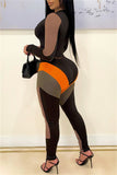 Fashion Sexy Patchwork Hollowed Out O Neck Long Sleeve Two Pieces
