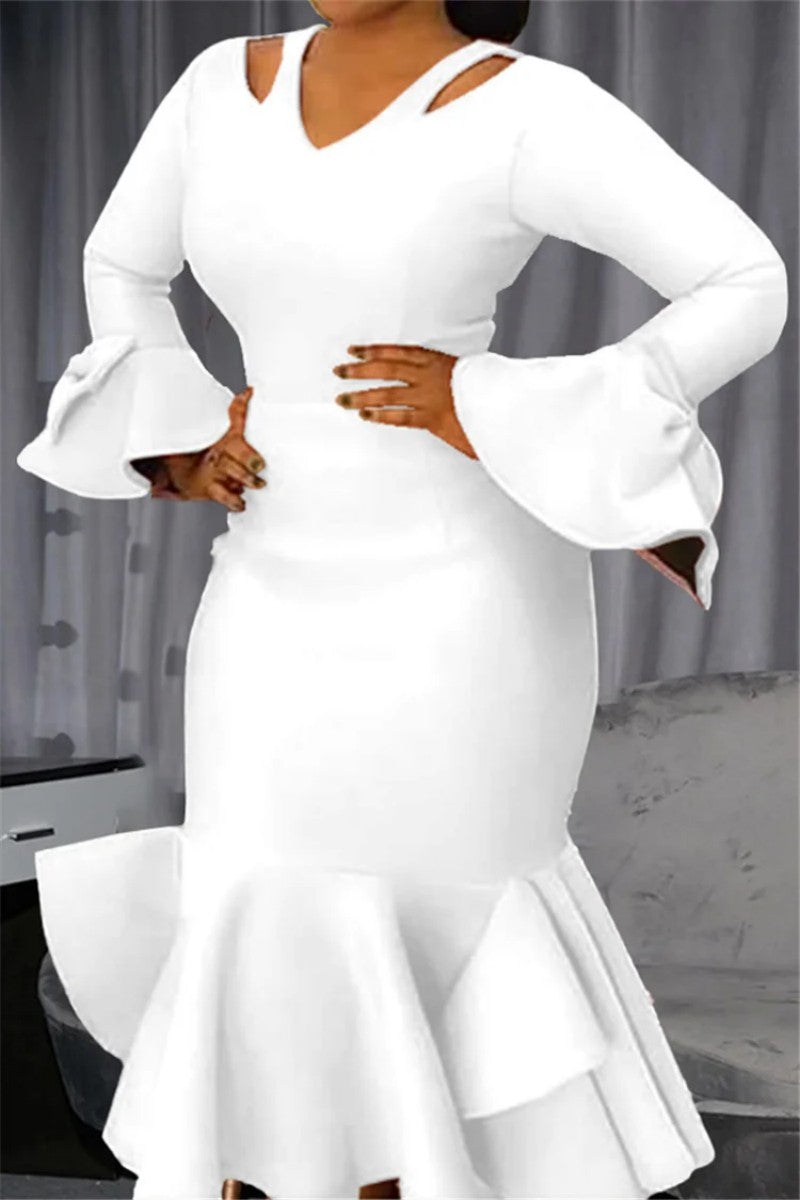 Sexy Casual Solid Hollowed Out V Neck Long Sleeve Plus Size Dresses