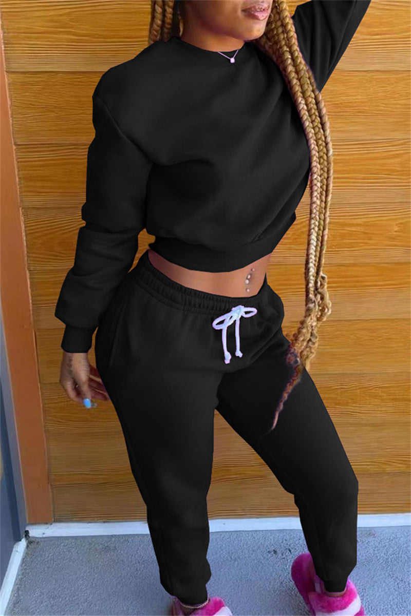 Fashion Casual Solid Hot Drill O Neck Long Sleeve Two Pieces