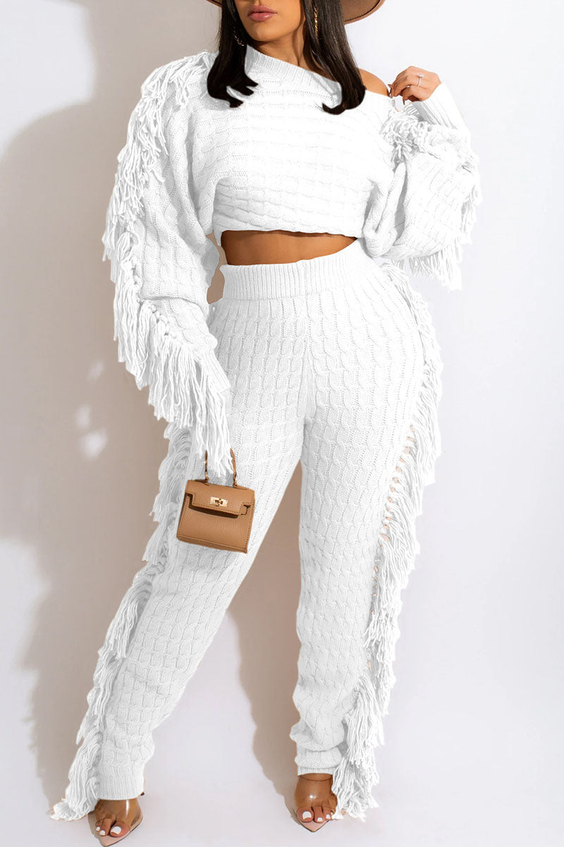 Street Solid Tassel Patchwork O Neck Long Sleeve Two Pieces