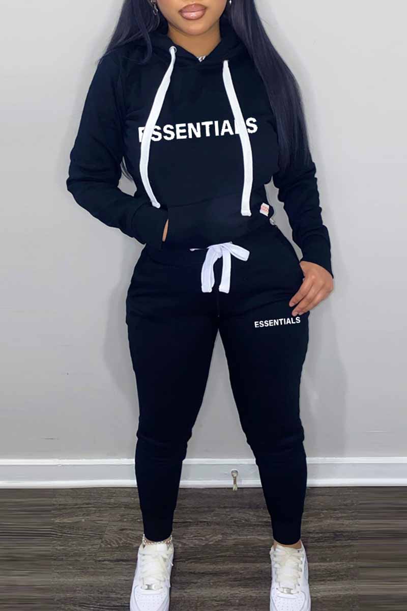 Casual Print Letter Hooded Collar Long Sleeve Two Pieces