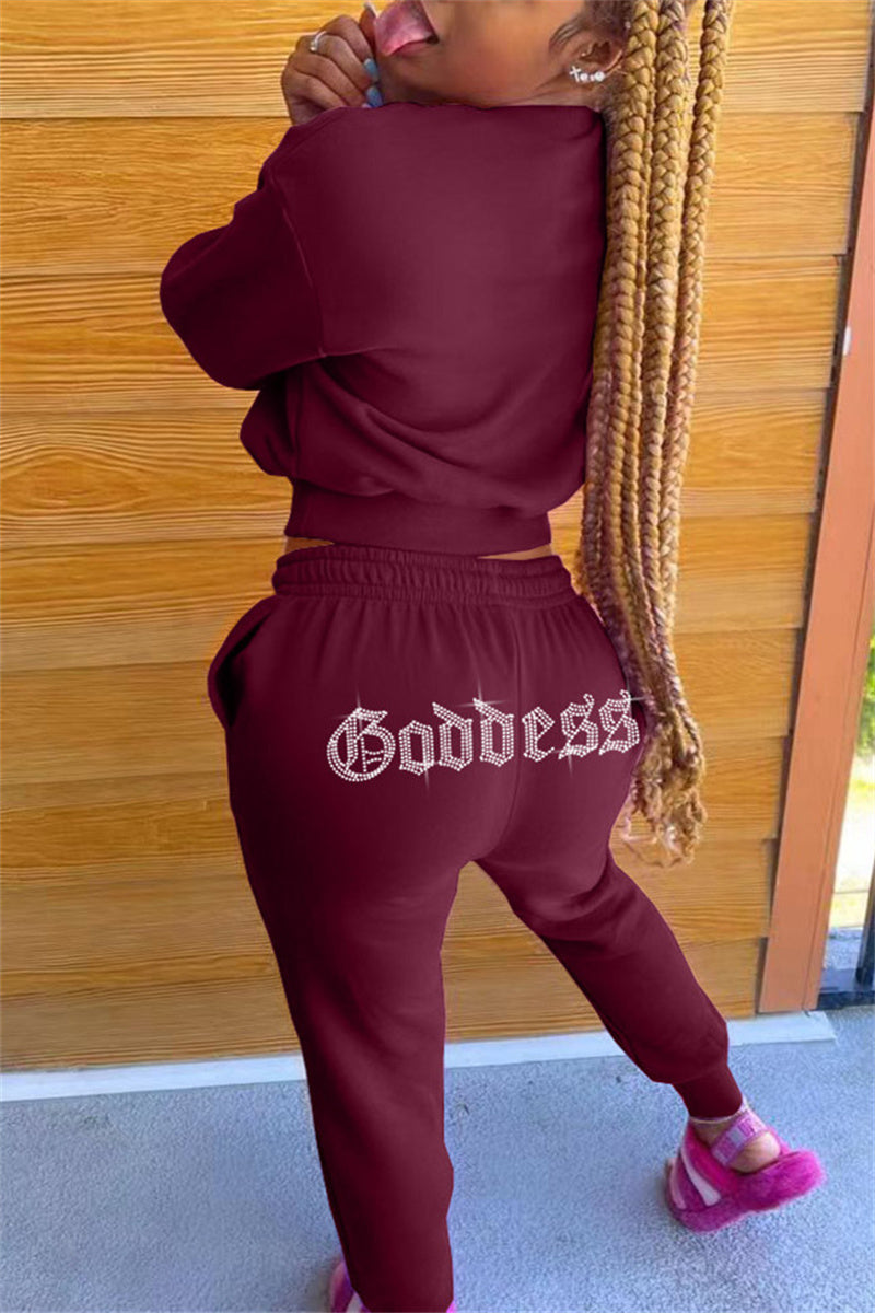 Fashion Casual Solid Hot Drill O Neck Long Sleeve Two Pieces