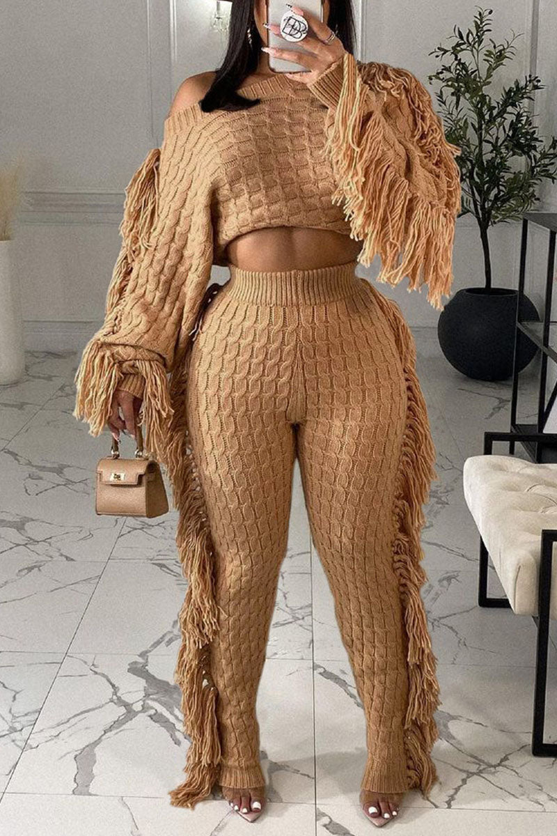 Street Solid Tassel Patchwork O Neck Long Sleeve Two Pieces