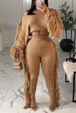 Street Solid Tassel Patchwork O Neck Long Sleeve Two Pieces