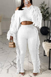 Street Solid Tassel Patchwork O Neck Long Sleeve Two Pieces