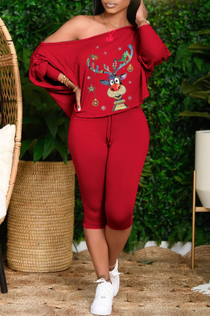 Fashion Casual Print Basic Oblique Collar Long Sleeve Two Pieces