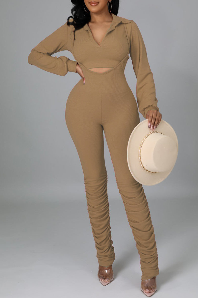 Fashion Casual Solid Fold Turndown Collar Long Sleeve Two Pieces