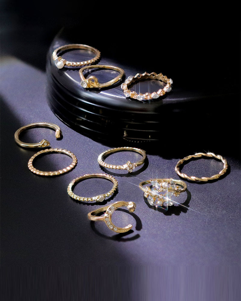 10PCS/Set Rhinestone Pearls Decor Star Moon Geo Pattern Boho Ring