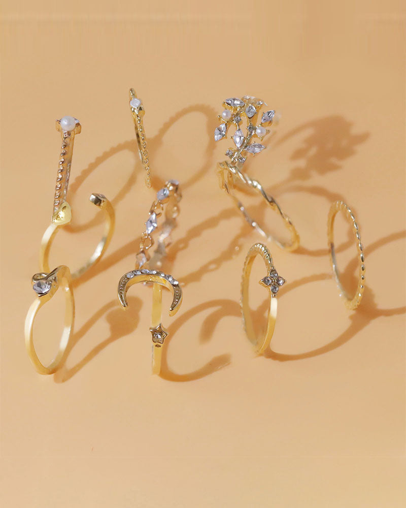 10PCS/Set Rhinestone Pearls Decor Star Moon Geo Pattern Boho Ring