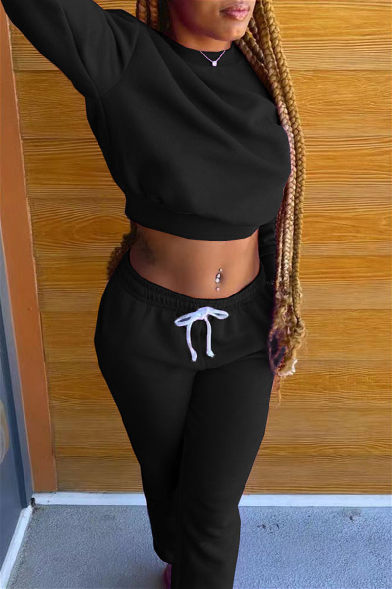 Fashion Casual Solid Hot Drill O Neck Long Sleeve Two Pieces
