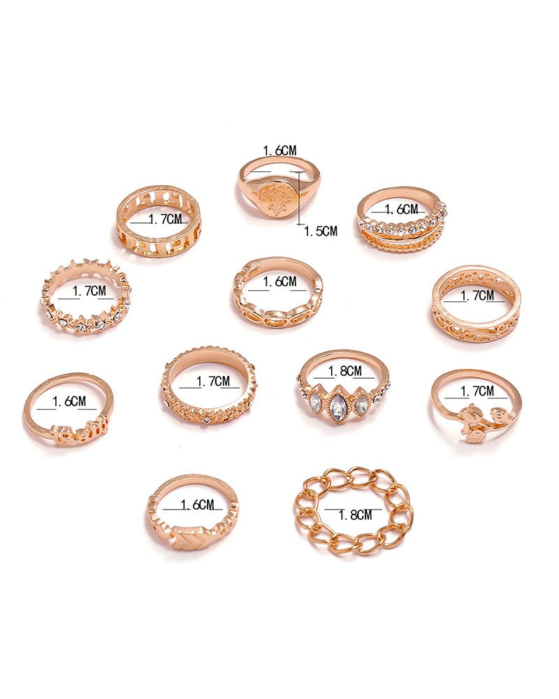 12PCS/Set Rhinestone Decor Geo Star Floral Pattern Ring