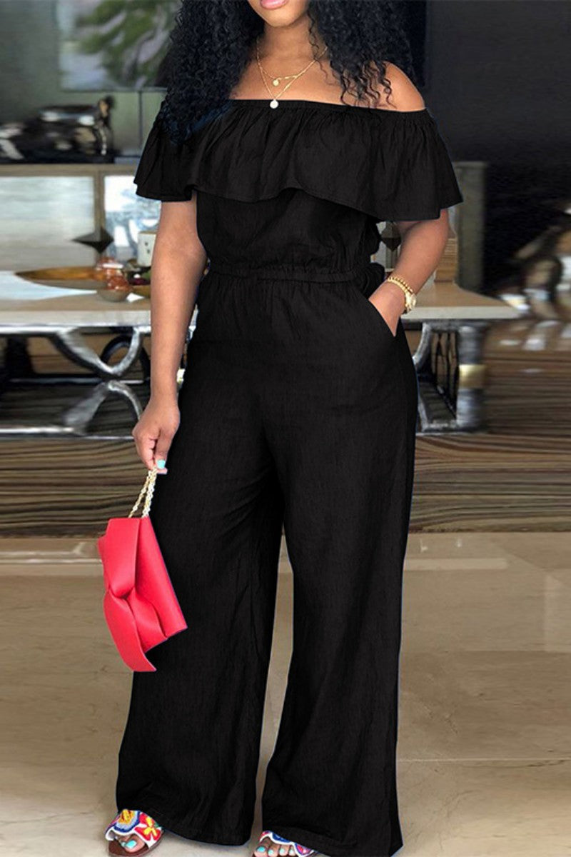 Casual Patchwork Off the Shoulder Plus Size Jumpsuits