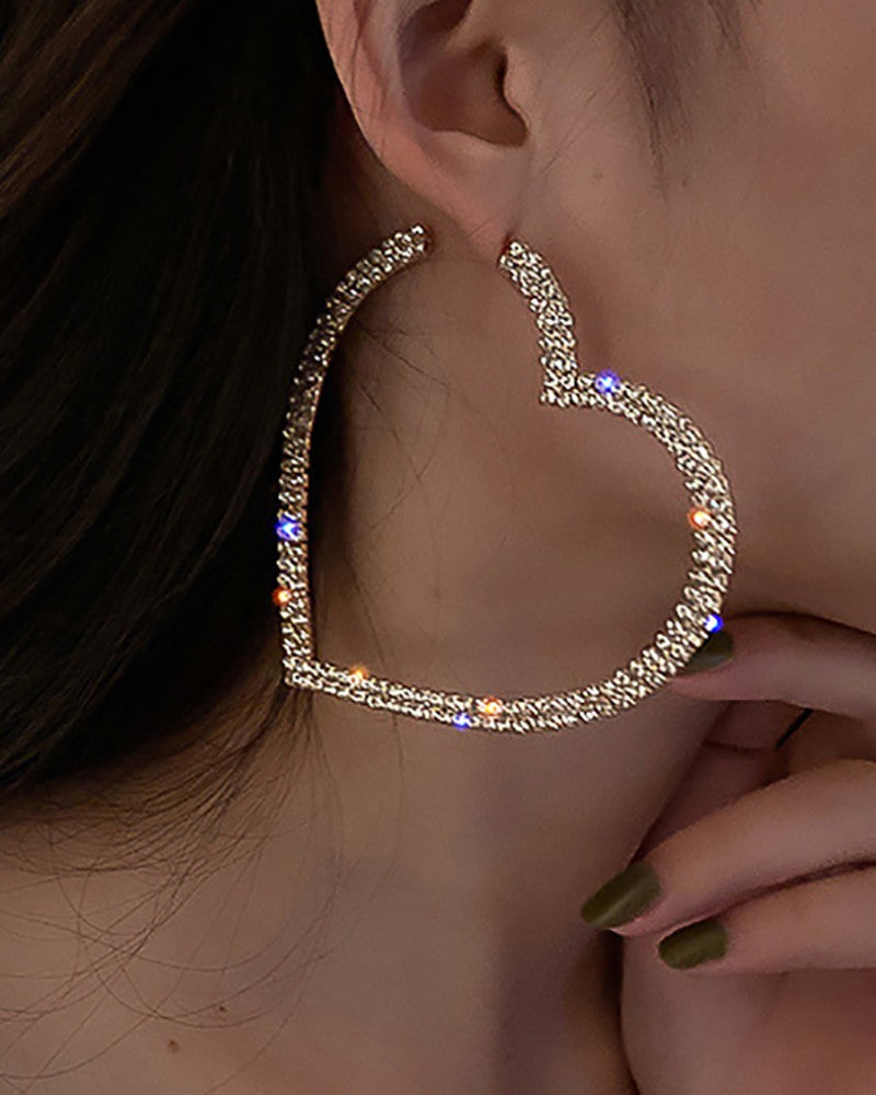 1Pair Allover Rhinestone Heart Shaped Hoop Earrings