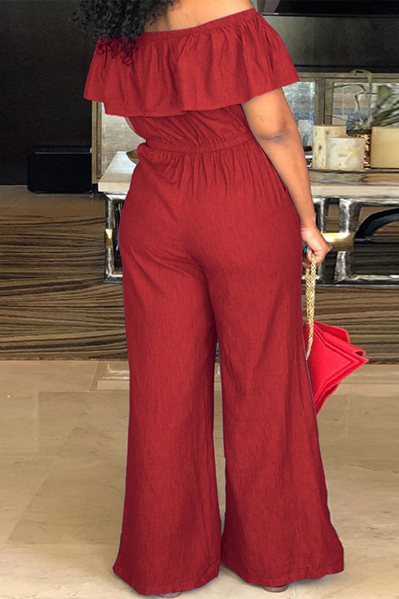 Casual Patchwork Off the Shoulder Plus Size Jumpsuits