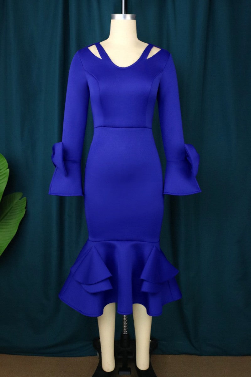 Sexy Casual Solid Hollowed Out V Neck Long Sleeve Plus Size Dresses