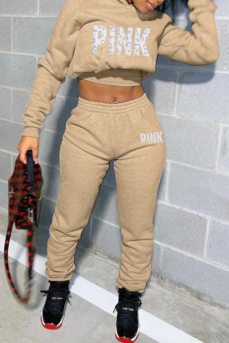 Casual Sportswear Letter Print Basic Hooded Collar Long Sleeve Two Pieces