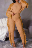 Street Solid Tassel Patchwork O Neck Long Sleeve Two Pieces