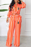 Casual Striped Print Letter Turndown Collar Long Sleeve Two Pieces