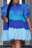 Casual Patchwork Contrast Shirt Collar A Line Plus Size Dresses