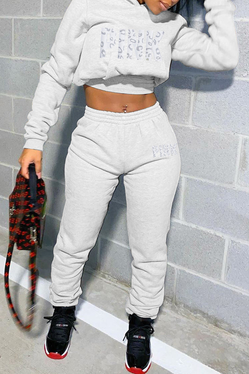 Casual Sportswear Letter Print Basic Hooded Collar Long Sleeve Two Pieces