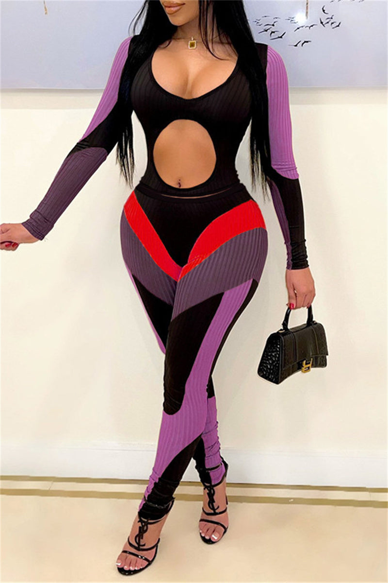 Fashion Sexy Patchwork Hollowed Out O Neck Long Sleeve Two Pieces