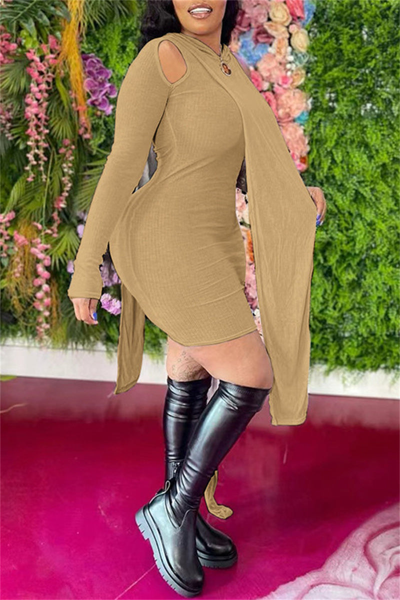 Fashion Sexy Solid Hollowed Out Hooded Collar Long Sleeve Two Pieces