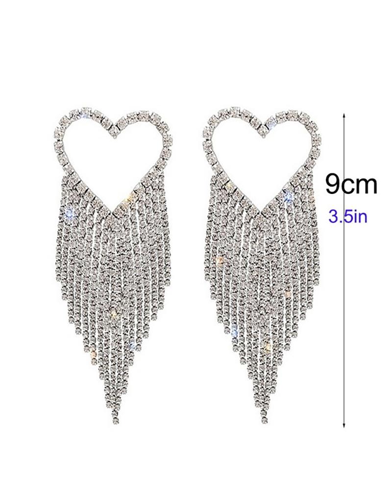 1Pair Heart Shaped Tassel Design Rhinestone Earrings