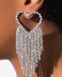 1Pair Heart Shaped Tassel Design Rhinestone Earrings