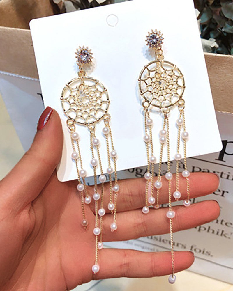 1Pair Dreamcatcher Beaded Tassel Rhinestone Earrings