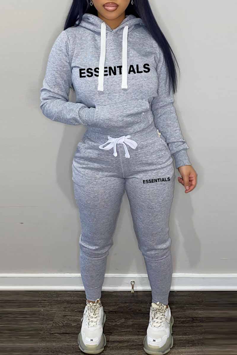 Casual Print Letter Hooded Collar Long Sleeve Two Pieces