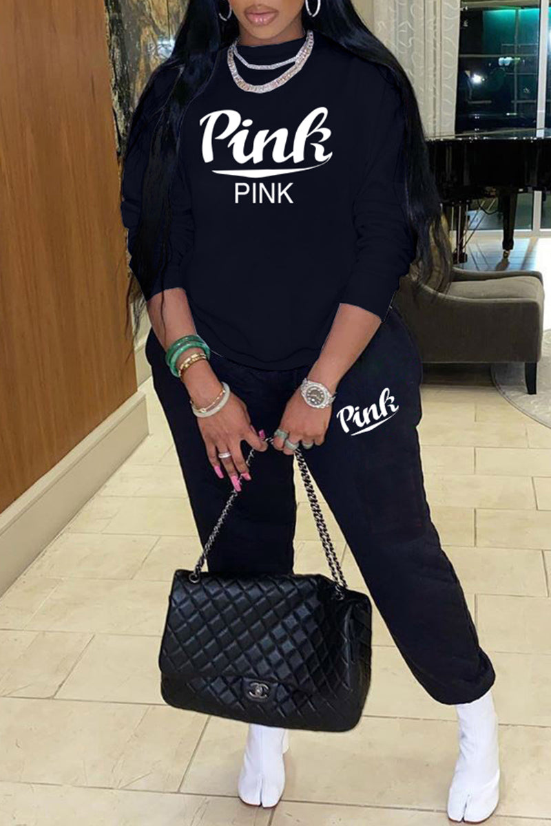 Fashion Casual Letter Print Basic O Neck Long Sleeve Two Pieces