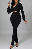 Fashion Casual Solid Fold Turndown Collar Long Sleeve Two Pieces