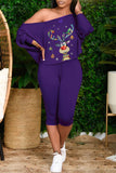 Fashion Casual Print Basic Oblique Collar Long Sleeve Two Pieces