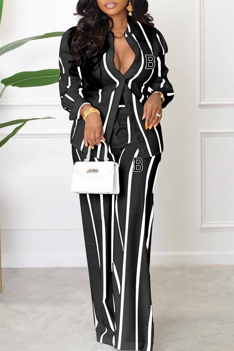Casual Striped Print Letter Turndown Collar Long Sleeve Two Pieces