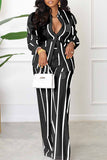 Casual Striped Print Letter Turndown Collar Long Sleeve Two Pieces