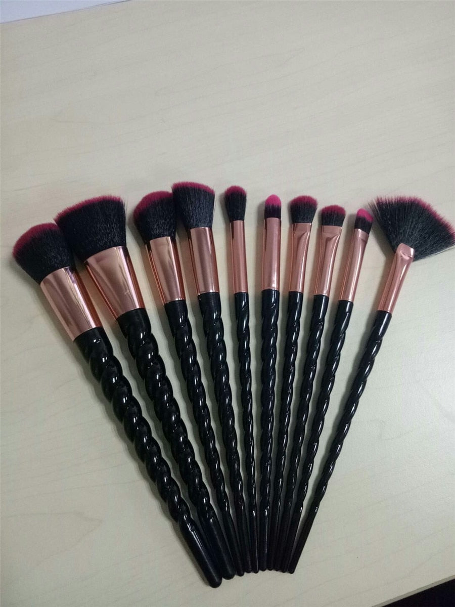 10 pc unicorn crystal plastic handle synthetic hair makeup brush set