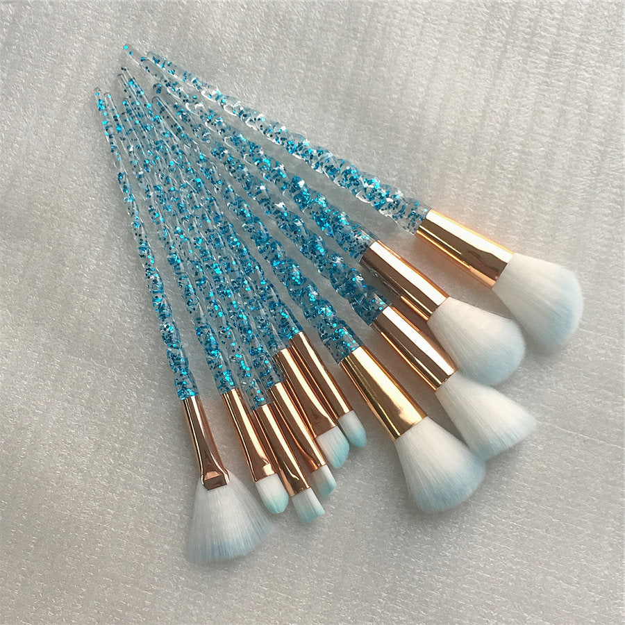 10 pc unicorn crystal plastic handle synthetic hair makeup brush set