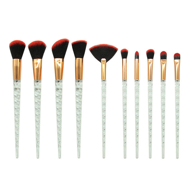 10 pc unicorn crystal plastic handle synthetic hair makeup brush set