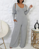 2 Piece V Neck Sleeveless Wide Leg Jumpsuit with Pockets Gigot Sleeve Open Front Coat Outfits Set