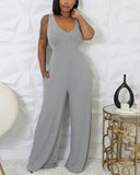 2 Piece V Neck Sleeveless Wide Leg Jumpsuit with Pockets Gigot Sleeve Open Front Coat Outfits Set