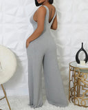 2 Piece V Neck Sleeveless Wide Leg Jumpsuit with Pockets Gigot Sleeve Open Front Coat Outfits Set