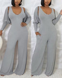 2 Piece V Neck Sleeveless Wide Leg Jumpsuit with Pockets Gigot Sleeve Open Front Coat Outfits Set