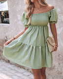 Off Shoulder Shirred Flowy Swing Dress