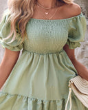 Off Shoulder Shirred Flowy Swing Dress