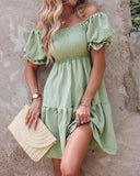 Off Shoulder Shirred Flowy Swing Dress