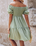 Off Shoulder Shirred Flowy Swing Dress