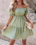 Off Shoulder Shirred Flowy Swing Dress